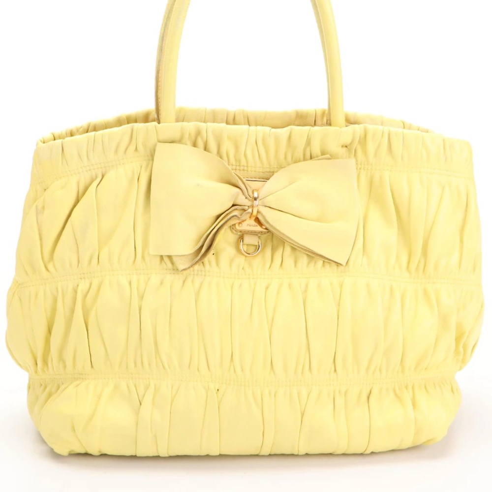Beautiful Prada Nappa Gaufre Ruched Bow Yellow Leather Bag